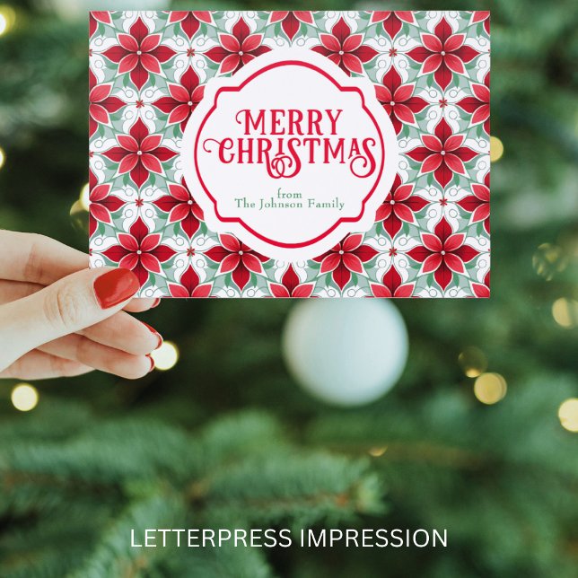Modern Poinsettia pattern christmas Letterpress Photo Cards (Creator Uploaded)