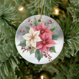 Modern Poinsettia Pink and White Christmas Ceramic Ornament