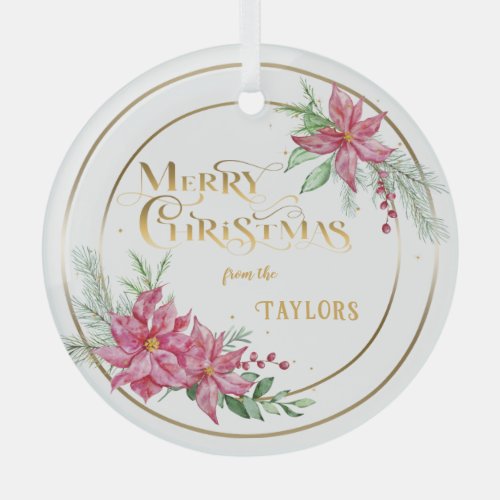 Modern Poinsettia Wreath wCalligraphy  Glass Ornament