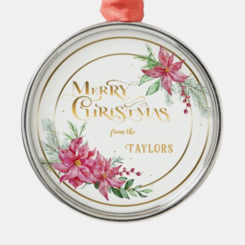 Modern Poinsettia Wreath wCalligraphy Metal Ornament