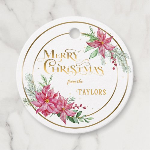 Modern Poinsettia Wreath wCalligraphy Photo Favor Tags