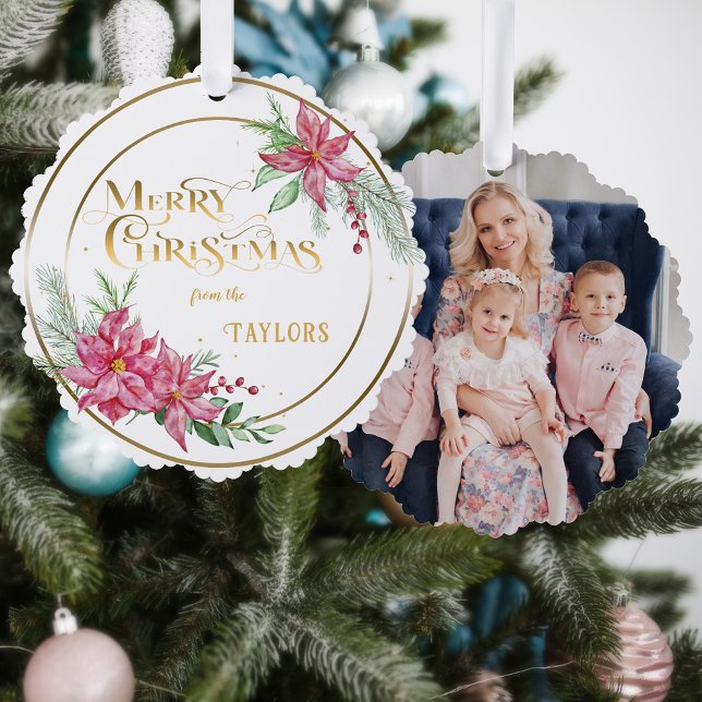 Modern Poinsettia Wreath w/Calligraphy Photo Ornament Card (Creator Uploaded)