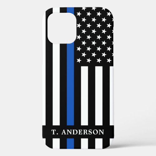 Modern Police Officer Personalized Thin Blue Line  iPhone 12 Pro Case - Thin Blue Line iPhone 11 Case - American flag in Police Flag colors, modern black and blue design . Personalize with police officers name. This personalized police officer phone case is perfect for police departments and law enforcement.. COPYRIGHT © 2020 Judy Burrows, Black Dog Art - All Rights Reserved. Modern Police Officer Personalized Thin Blue Line iPhone 12 Pro Case