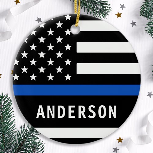 Modern Police Officer Personalized Thin Blue Line Ceramic Ornament