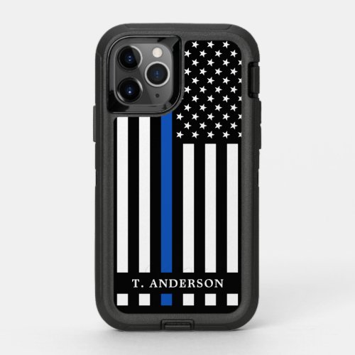 Modern Police Officer Personalized Thin Blue Line OtterBox Defender iPhone 11 Pro Case - Thin Blue Line iPhone 11 Case - American flag in Police Flag colors, modern black and blue design . Personalize with police officers name. This personalized police officer phone case is perfect for police departments. COPYRIGHT © 2020 Judy Burrows, Black Dog Art - All Rights Reserved. Modern Police Officer Personalized Thin Blue Line OtterBox Defender iPhone 11 Pro Case