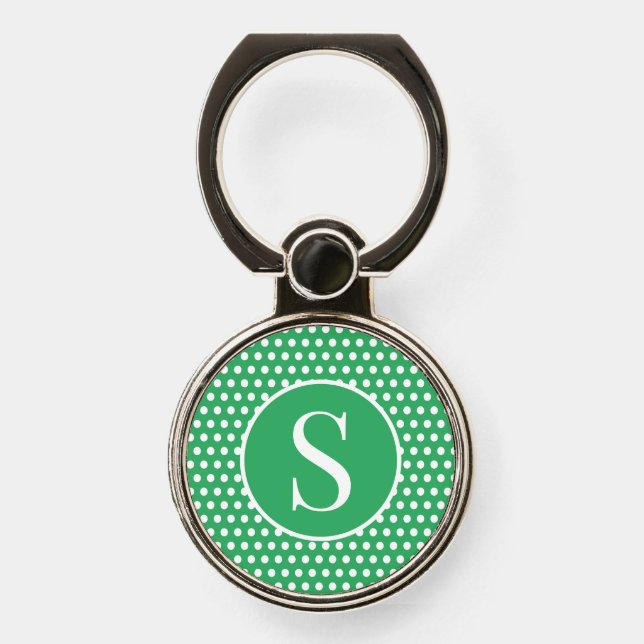 Modern Polka Dot Green Custom initial letter Phone Ring Stand (Front)