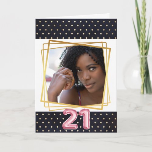 Modern polka dot navy blue gold frame pink 21st card
