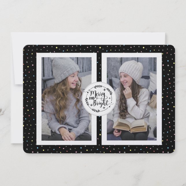 Modern, Polka Dot Two Photo Christmas Card Black (Front)