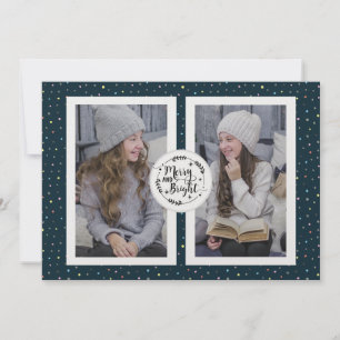 Modern, Polka Dot Two Photo Christmas Card Blue