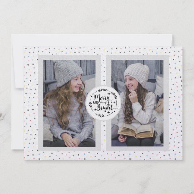 Modern, Polka Dot Two Photo Christmas Card White (Front)