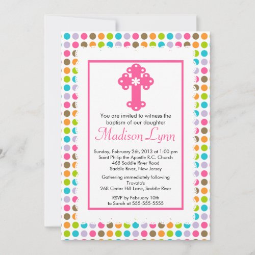 Modern Polka Dots Baby Girl Baptism Christening Personalized Invites