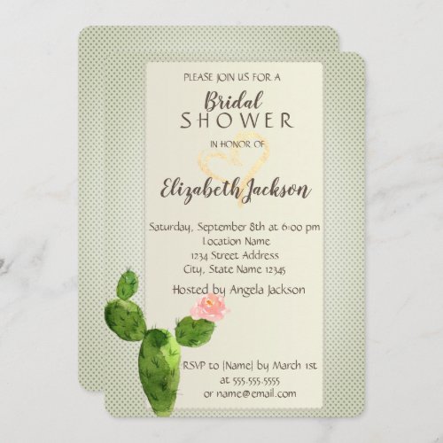 Modern Polka Dots Cactus Heart  Bridal Shower Invitation
