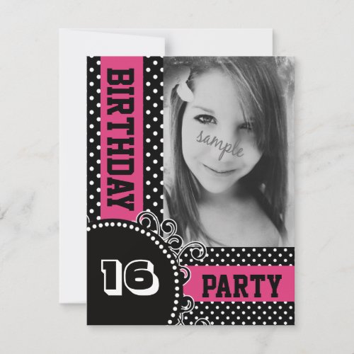 Modern Polka Dots Pink Girl Party with Photo Custom Invites