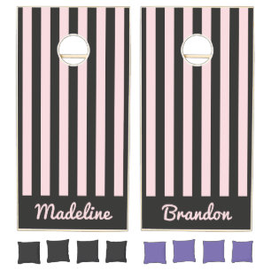 Modern Polo Striping Pink Whisper and Black Names Cornhole Set