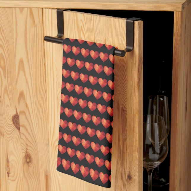 Modern polygonal crystal red heart  kitchen towel (Thirds Fold)
