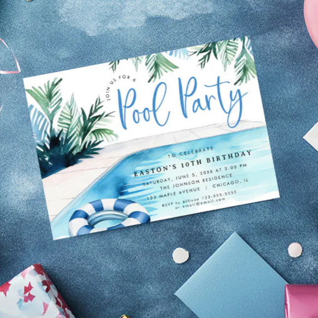 Modern Pool birthday party blue white summer Invitation | Zazzle
