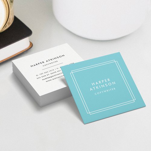 Modern Pool Blue and White Bordered Square Business Card