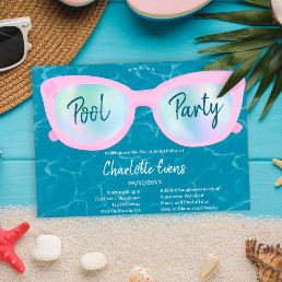 Modern pool party holographic glasses Sweet 16 Invitation