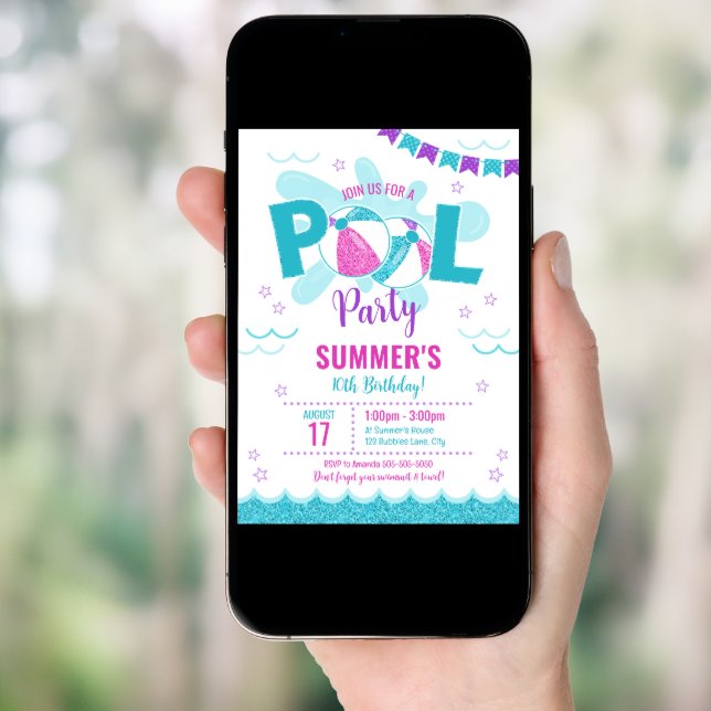 Modern Pool Party Invitation, Summer Girl Birthday Invitation (Front Digital)