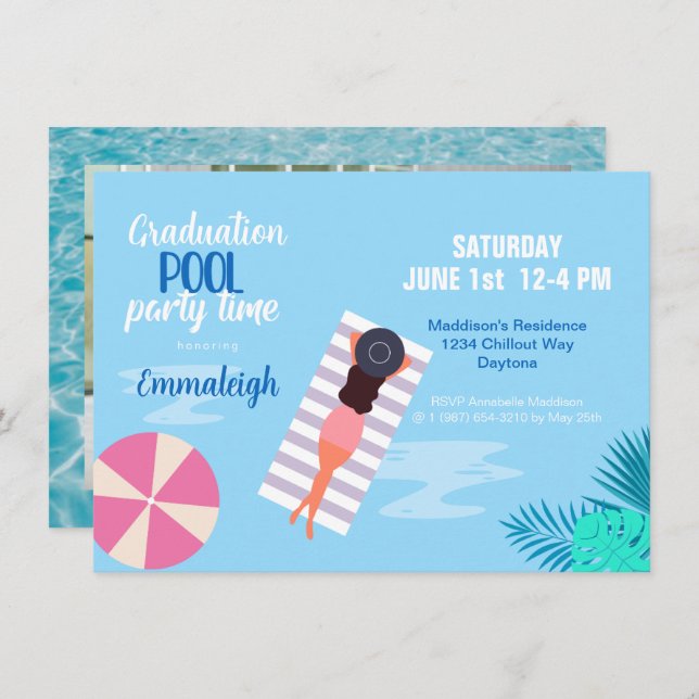 Modern Pool Party Photo Graduation Invitation (Front/Back)