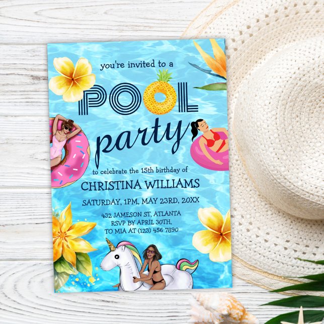 Modern Pool Party Summer Girl Birthday Invitation (Modern Pool Party Summer Girl Birthday Invitation)