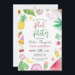 Modern Pool Party Summer Kids Any Year Birthday Invitation<br><div class="desc">A modern and chic pool party summer themed birthday invitation for any year featuring fun and colorful watercolor elements such as tropical leaves,  coconut,  sunglasses,  pineapples,  popsicles,  seashells,  camera,  flowers,  avocado,  watermelon,  donut,  cherry and cocktail drink.</div>