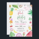 Modern Pool Party Summer Kids Any Year Birthday Invitation<br><div class="desc">A modern and chic pool party summer themed birthday invitation for any year featuring fun and colorful watercolor elements such as tropical leaves,  coconut,  sunglasses,  pineapples,  popsicles,  seashells,  camera,  flowers,  avocado,  watermelon,  donut,  cherry and cocktail drink.</div>
