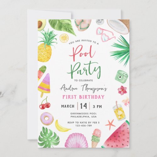 Modern Pool Party Summer Kids Any Year Birthday Invitation