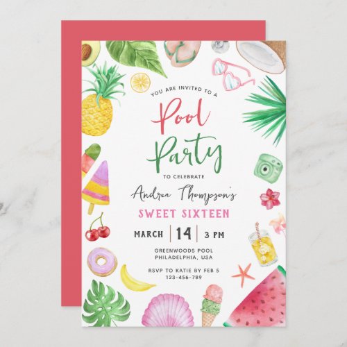 Modern Pool Party Summer Sweet Sixteen Birthday Invitation