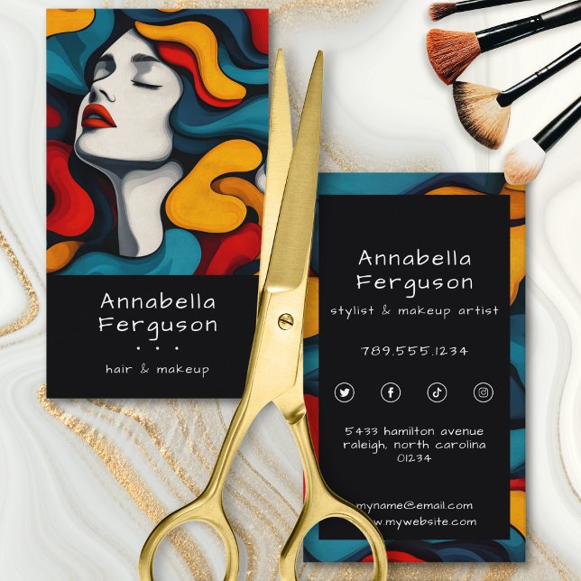Modern Pop Art Retro Colorful Hair Makeup Business Card (Modern Pop Art Retro Colorful Hair Makeup QR Code Business Card)