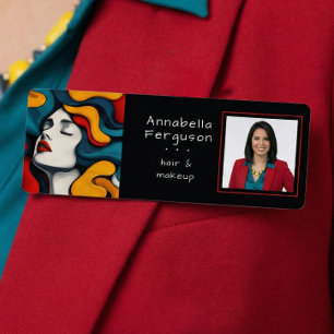 Modern Pop Art Retro Colorful Hair Makeup Photo Name Tag