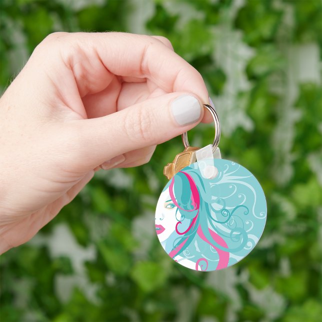 Modern Pop Art Woman Teal and Pink Swirl Hair  Keychain (Creator Uploaded)