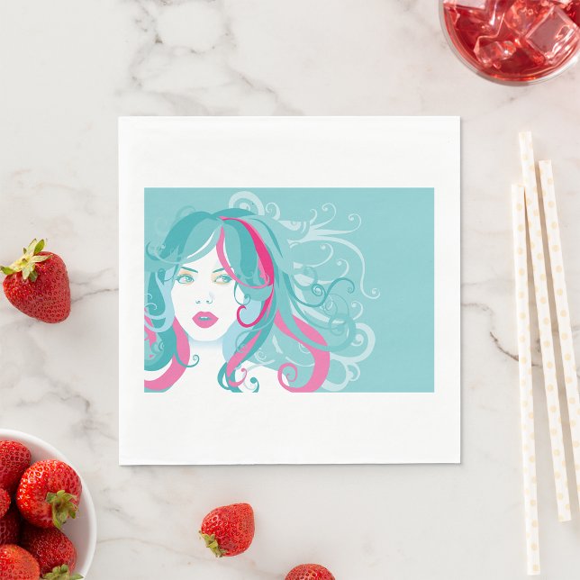 Modern Pop Art Woman Teal and Pink Swirl Hair  Napkins (Creator Uploaded)