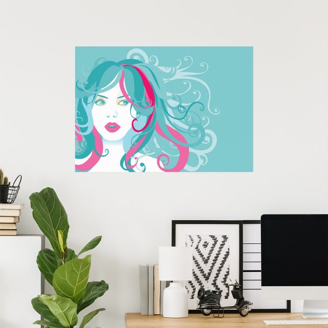 Modern Pop Art Woman Teal and Pink Swirl Hair  Poster (Creator Uploaded)