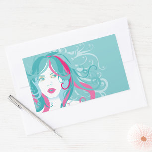 Modern Pop Art Woman Teal and Pink Swirl Hair  Rectangular Sticker