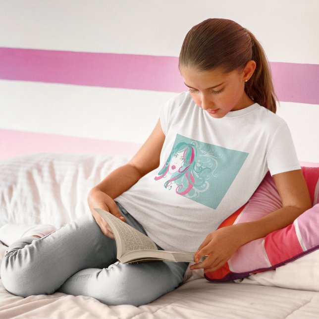 Modern Pop Art Woman Teal and Pink Swirl Hair  T-Shirt (Creator Uploaded)