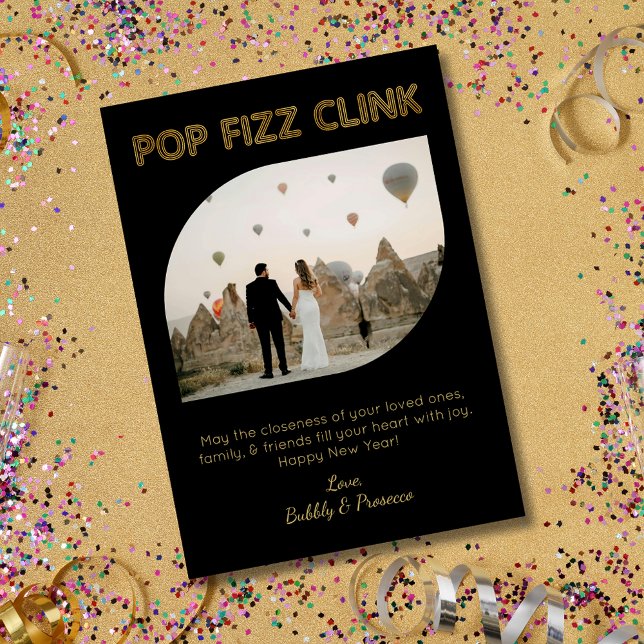 Modern Pop Fizz Clink Typography Happy New Year Holiday Card (Creator Uploaded)