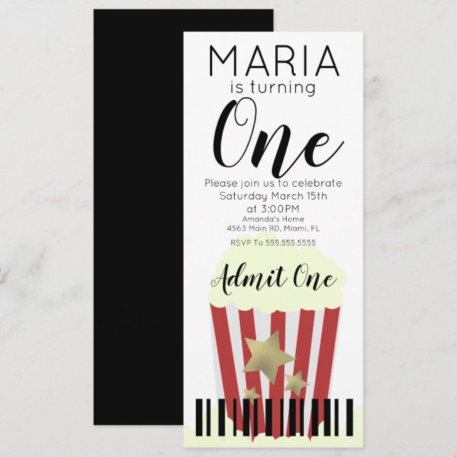 Modern Popcorn Movies  Ticket Style Party  Invitat Invitation (Front/Back)