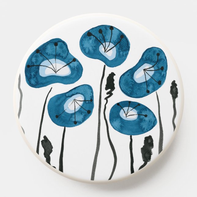 Modern Poppies in Peacock Blue Midcentury Flowers PopSocket (Popsocket)