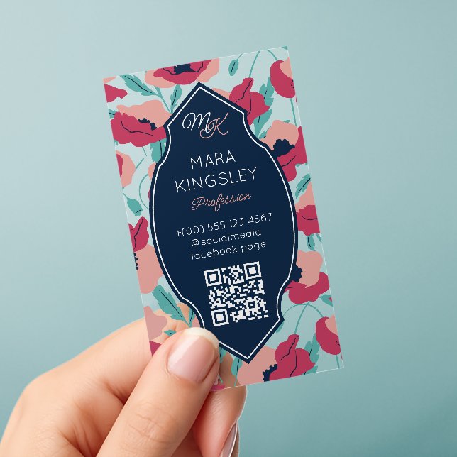 Modern Poppies Monogrammed QR Code Clear Business Cards (Handheld)
