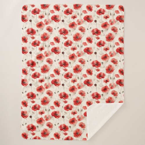 Modern poppies pattern watercolor sherpa blanket