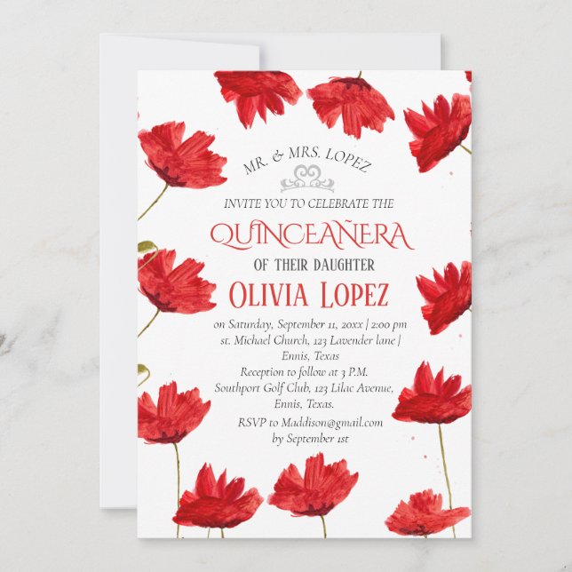 Modern Poppies Quinceañera Red Floral Birthday  Invitation (Front)