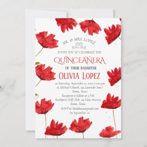 Modern Poppies Quinceaera Red Floral Birthday  Invitation