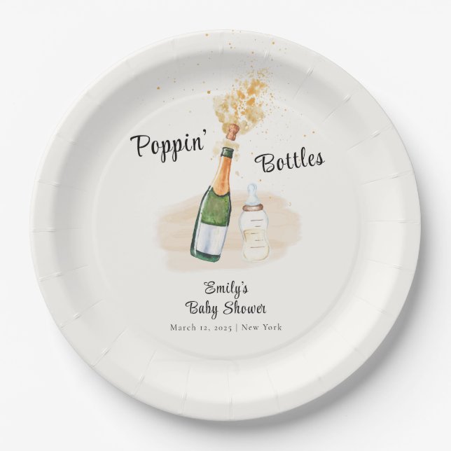 Modern Poppin Bottles Champagne Baby Shower Paper Plates (Front)