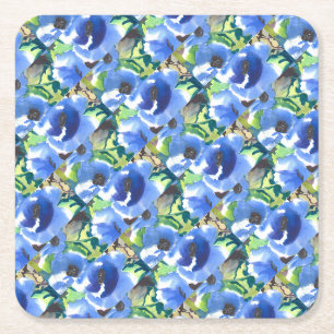 Modern Poppy Floral in Blue and Green Pattern  Square Paper Coaster