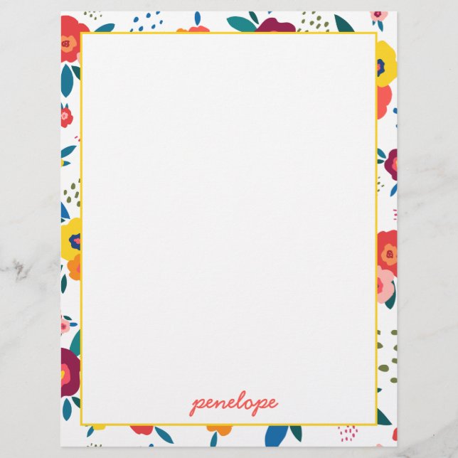 Modern Poppy Floral Pattern Coral Script Name Letterhead (Front)