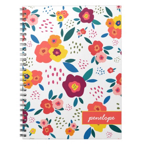 Modern Poppy Floral Pattern Coral Script Name Notebook