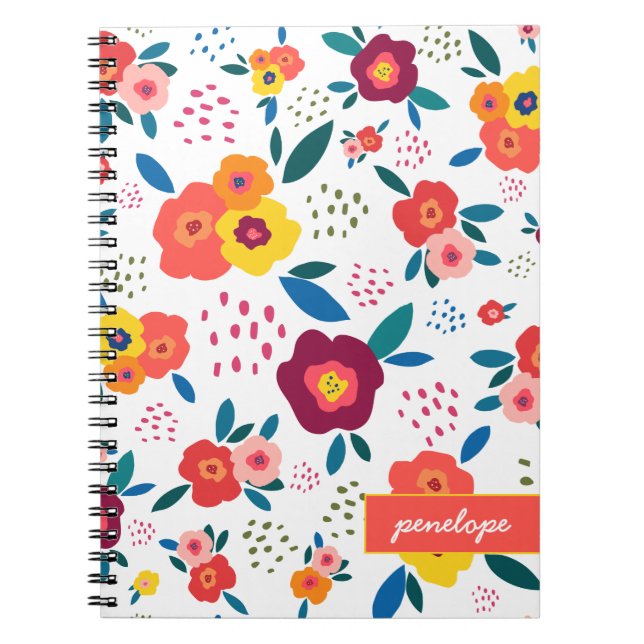 Modern Poppy Floral Pattern Coral Script Name Notebook (Front)