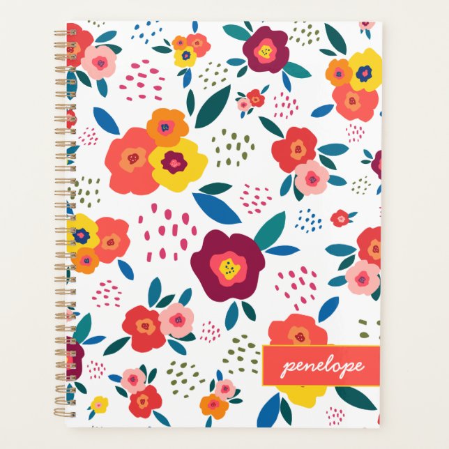 Modern Poppy Floral Pattern Coral Script Name Planner (Front)