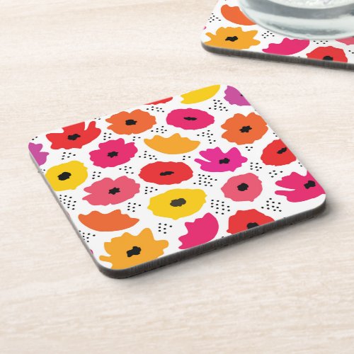 Modern Poppy Pink Red Orange Floral Dots Pattern  Beverage Coaster